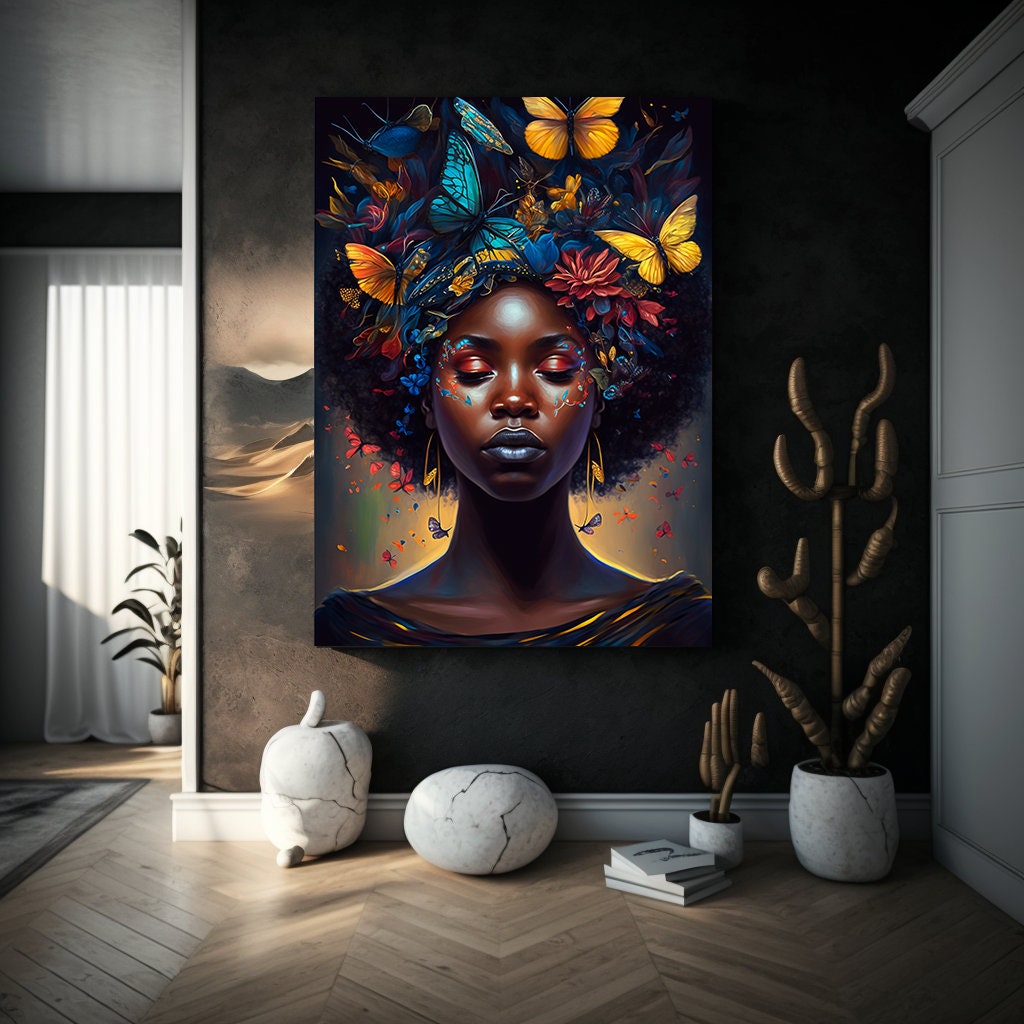 Black Girl Wall Art Prints Unframed - African American Woman Butterfly Flower Canvas Painting 12x18 Inches