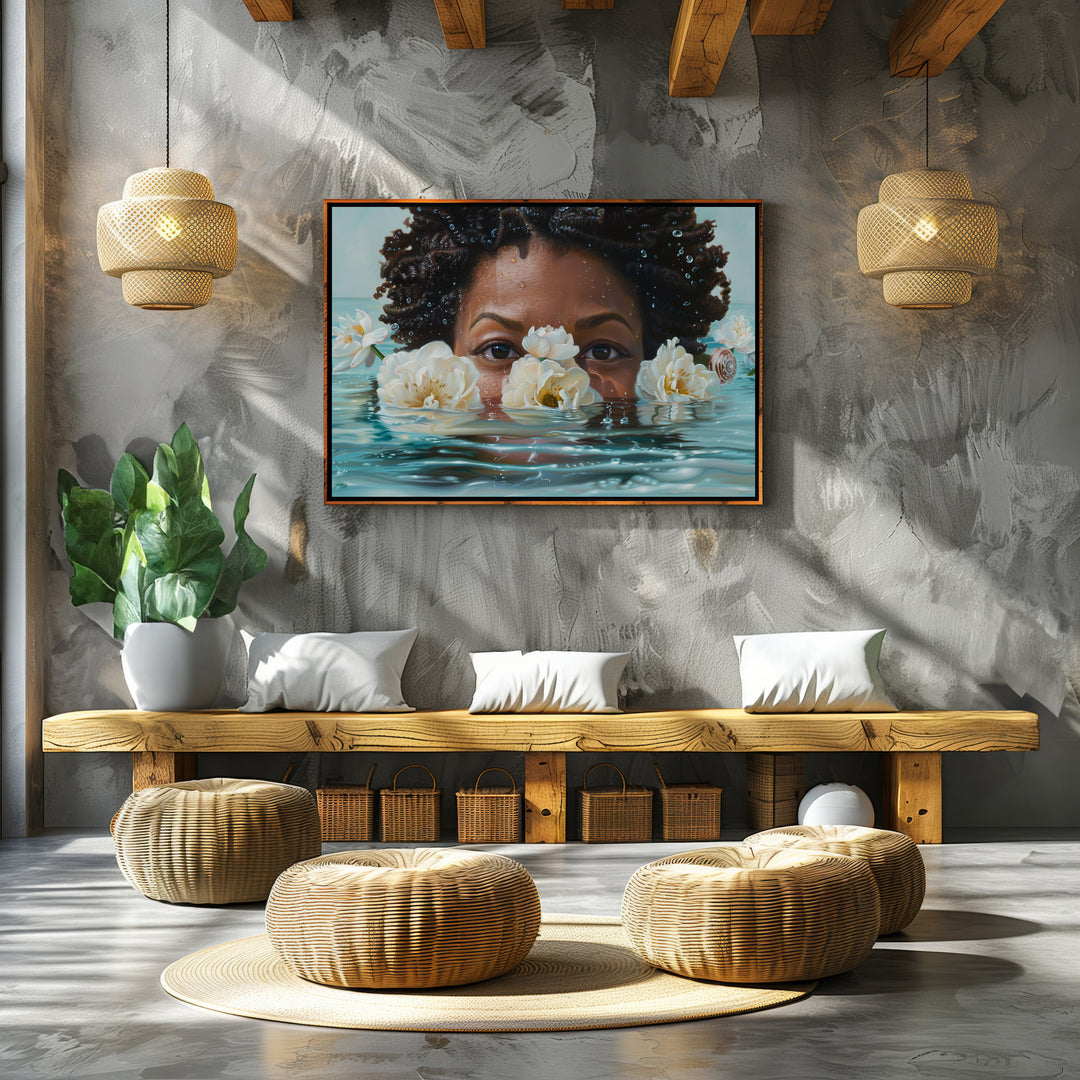 Framed portrait of a Black woman with white flowers displayed above a bench in a modern room