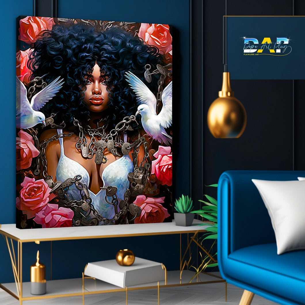 Black Woman Freedom Canvas Gallery Wrap, Afrocentric Gift for Her, Botanical Art