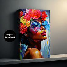 Load image into Gallery viewer, Modern Woman Portrait Art Print - Bold Colors and Floral Accents - Digital Download