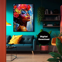 Load image into Gallery viewer, Modern Woman Portrait Art Print - Bold Colors and Floral Accents - Digital Download