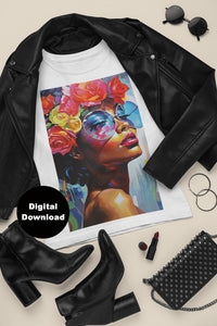 Modern Woman Portrait Art Print - Bold Colors and Floral Accents - Digital Download