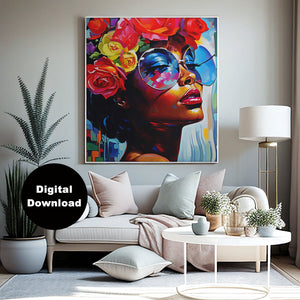Modern Woman Portrait Art Print - Bold Colors and Floral Accents - Digital Download