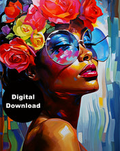 Load image into Gallery viewer, Modern Woman Portrait Art Print - Bold Colors and Floral Accents - Digital Download