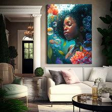 Load image into Gallery viewer, Black Woman Underwater Digital Art Print Abstract Black Art for Housewarming Gift Afro Art Gift Digital Wall Art Poster