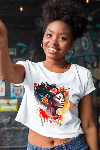 Black Art Cropped T-Shirt Women's Botanical Crop Top Floral Tee Graphic T-Shirt