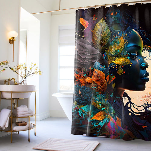 Floral Shower Curtain Black Woman Shower Art Print Colorful Shower Decor Black Art