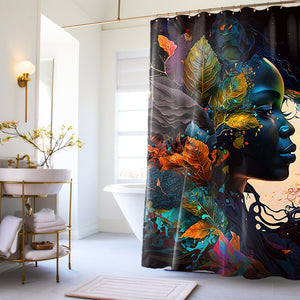 Floral Shower Curtain Black Woman Shower Art Print Colorful Shower Decor Black Art