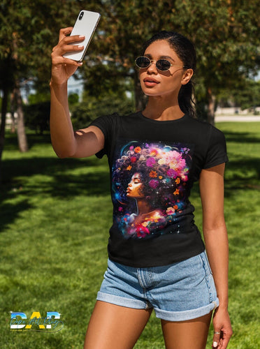 Galaxy Black Art Tshirt Botanical Short Sleeve Tee Colorful Tshirt Floral Shirt Gift For Her