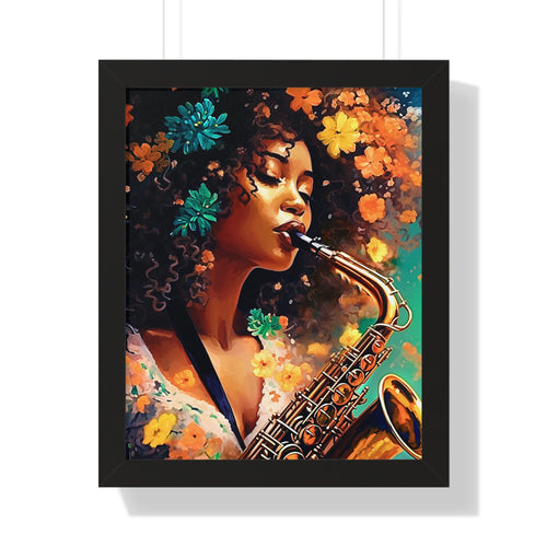 Saxophone Woman Framed Vertical Poster Abstract Art Afrocentric Housewarming Gift for Her