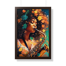Load image into Gallery viewer, Saxophone Woman Framed Vertical Poster Abstract Art Afrocentric Housewarming Gift for Her