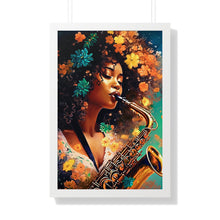 Load image into Gallery viewer, Saxophone Woman Framed Vertical Poster Abstract Art Afrocentric Housewarming Gift for Her