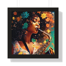 Load image into Gallery viewer, Saxophone Woman Framed Vertical Poster Abstract Art Afrocentric Housewarming Gift for Her