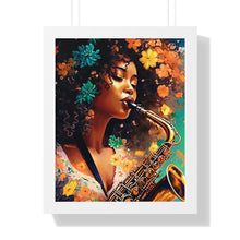 Load image into Gallery viewer, Saxophone Woman Framed Vertical Poster Abstract Art Afrocentric Housewarming Gift for Her